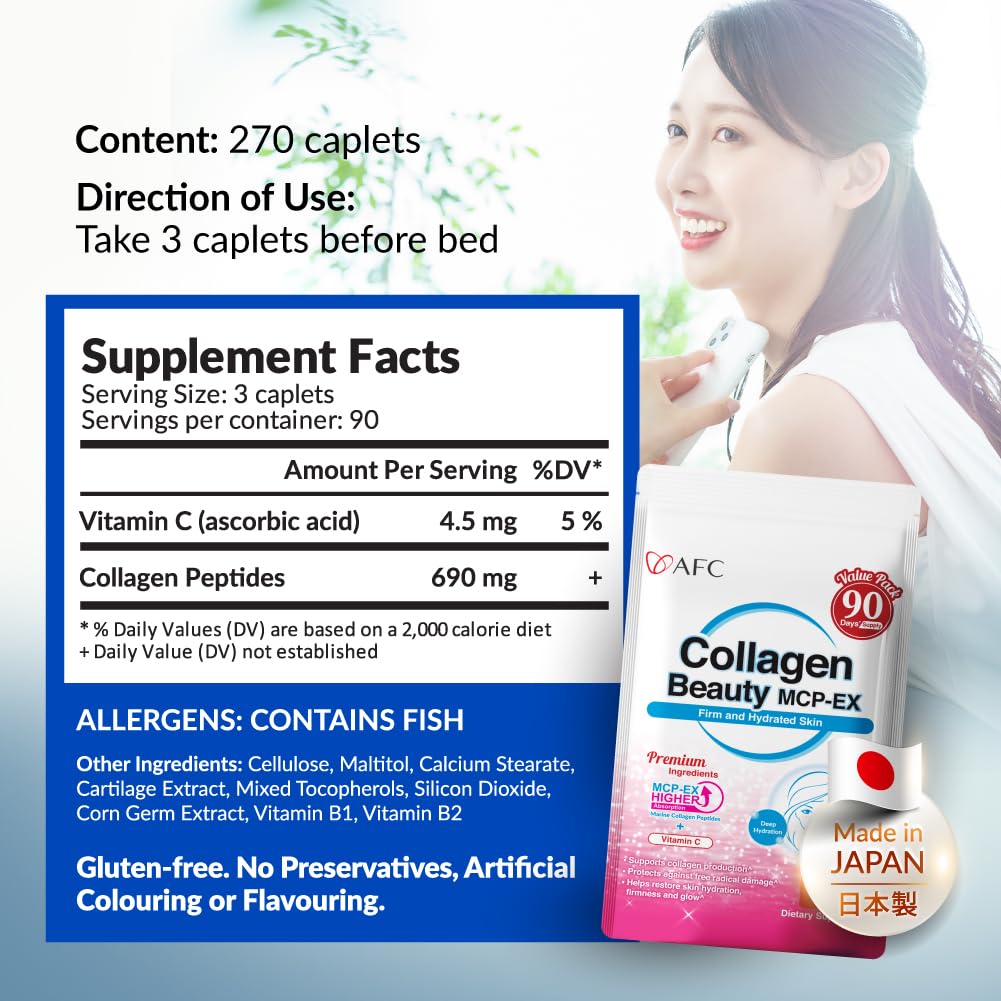 AFC Japan Collagen Beauty MCP-EX with Marine Collagen Peptide, 1.5X Better Absorption Than Other Collagen, for Anti-Aging, Skin, Hair, Nails, Bone and Joints, for Women & Men, 90 Days Supply - FENGGESTORE20