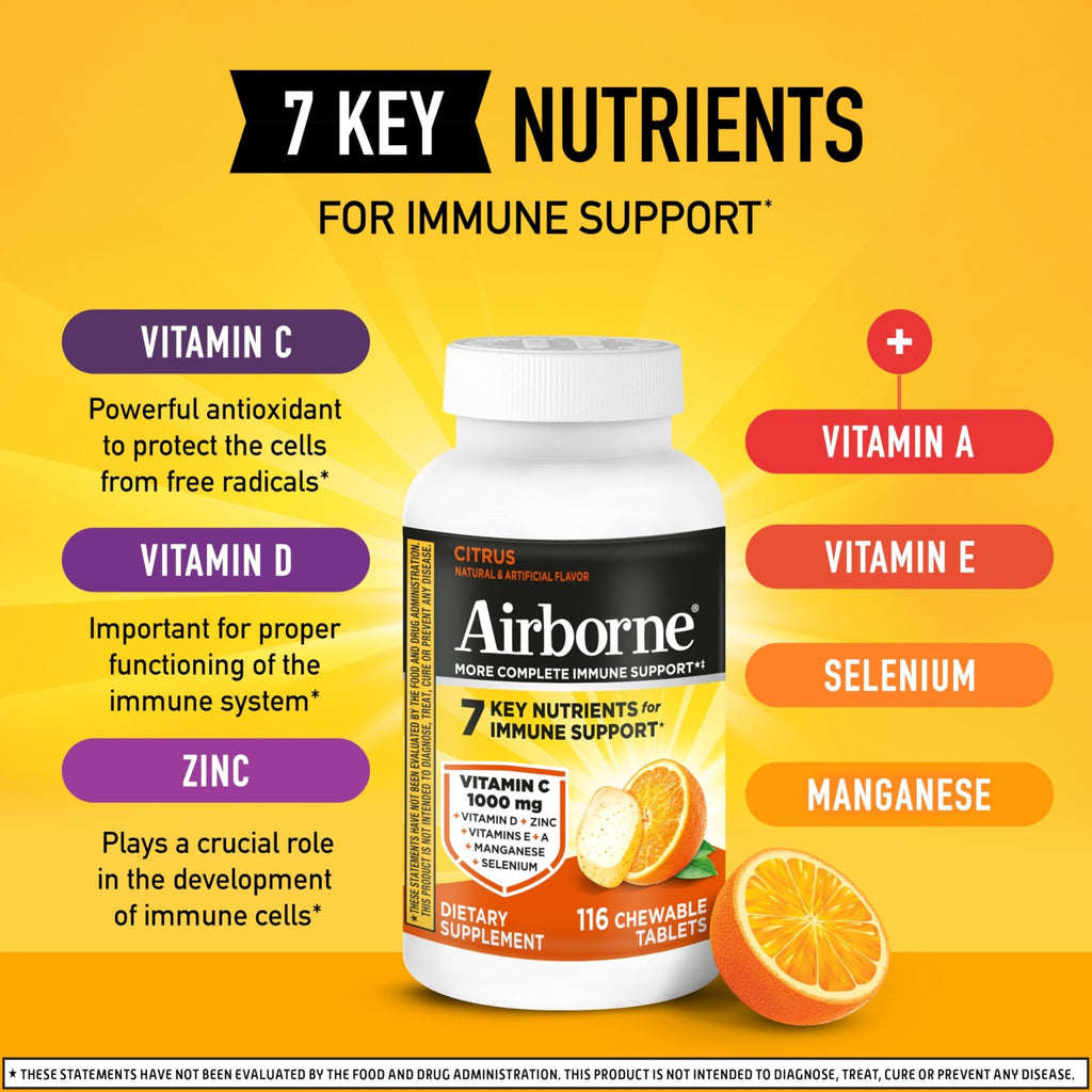 Airborne Vitamin C 1000mg (per Serving) - Citrus Chewable Tablets (116 Count in a Bottle), Gluten-Free Immune Support Supplement, with Vitamins A C E, Zinc, Selenium - FENGGESTORE20