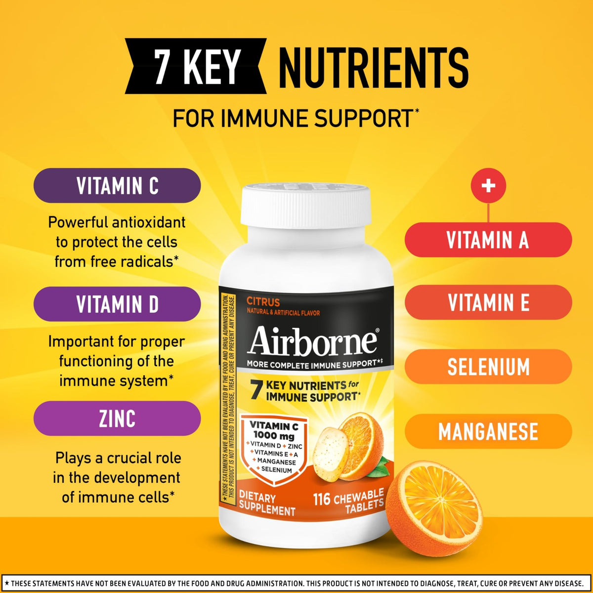 Airborne Vitamin C 1000mg (per Serving) - Citrus Chewable Tablets (116 Count in a Bottle), Gluten-Free Immune Support Supplement, with Vitamins A C E, Zinc, Selenium - FENGGESTORE20