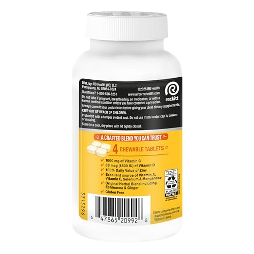 Airborne Vitamin C 1000mg (per Serving) - Citrus Chewable Tablets (116 Count in a Bottle), Gluten-Free Immune Support Supplement, with Vitamins A C E, Zinc, Selenium - FENGGESTORE20