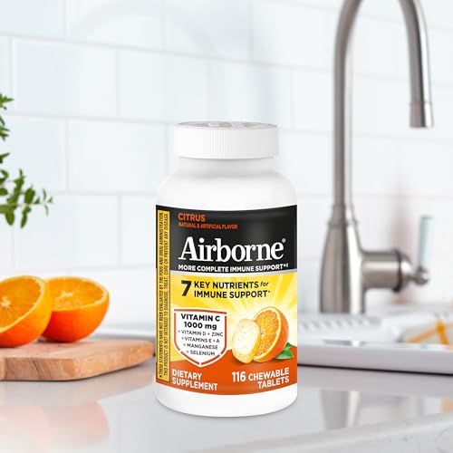 Airborne Vitamin C 1000mg (per Serving) - Citrus Chewable Tablets (116 Count in a Bottle), Gluten-Free Immune Support Supplement, with Vitamins A C E, Zinc, Selenium - FENGGESTORE20