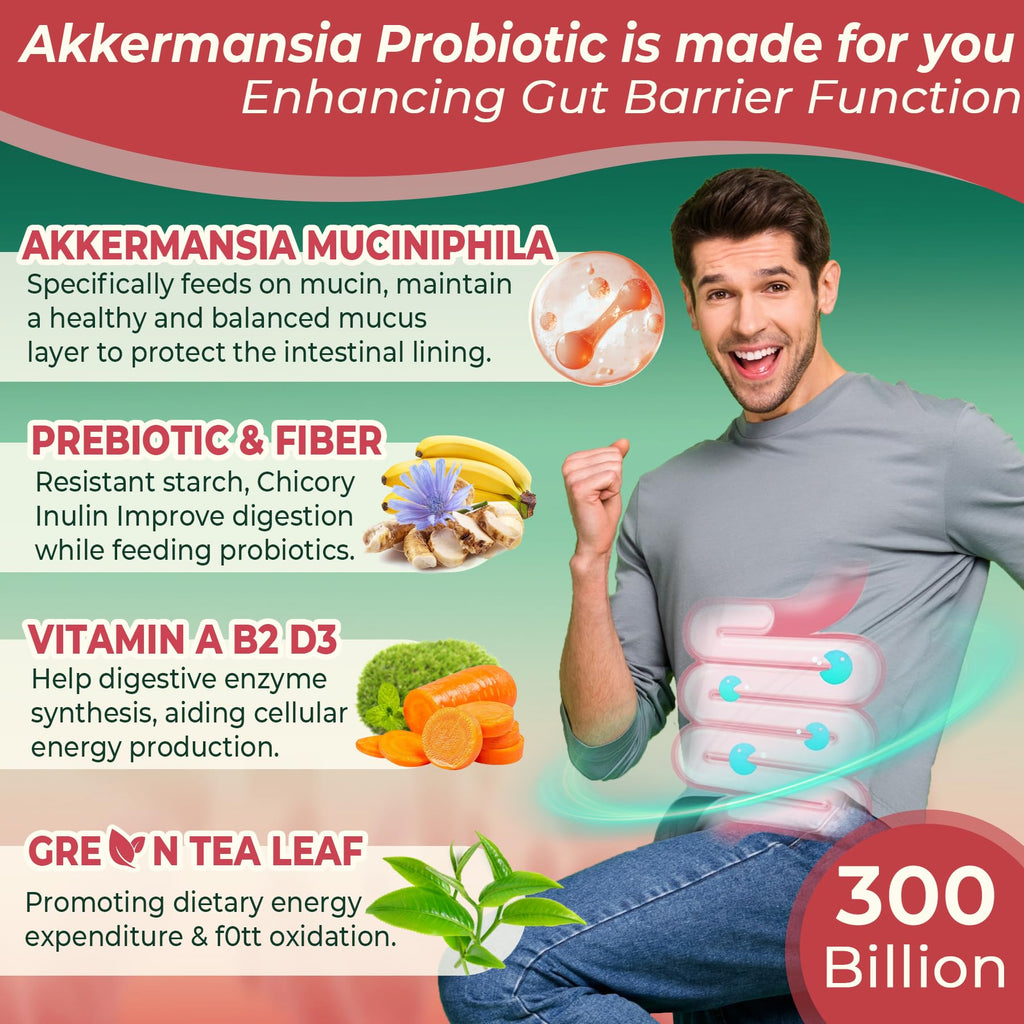 Akkermansia Probiotics Gummies with Prebiotics Fiber, 300 Billion AFU Akkermansia Muciniphila, with Polyphenol Fruits, Resistant Starch - FENGGESTORE20