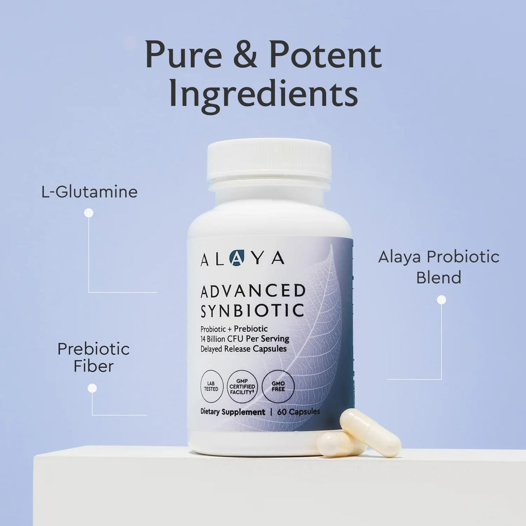 Alaya Naturals Advanced Synbiotic - Probiotic + Prebiotic - 14 Billion CFU Delayed Release Probiotic Supplement with Prebiotics from Sunfiber®, and L-glutamine for Gut Lining Integrity - 60 Capsules - FENGGESTORE20