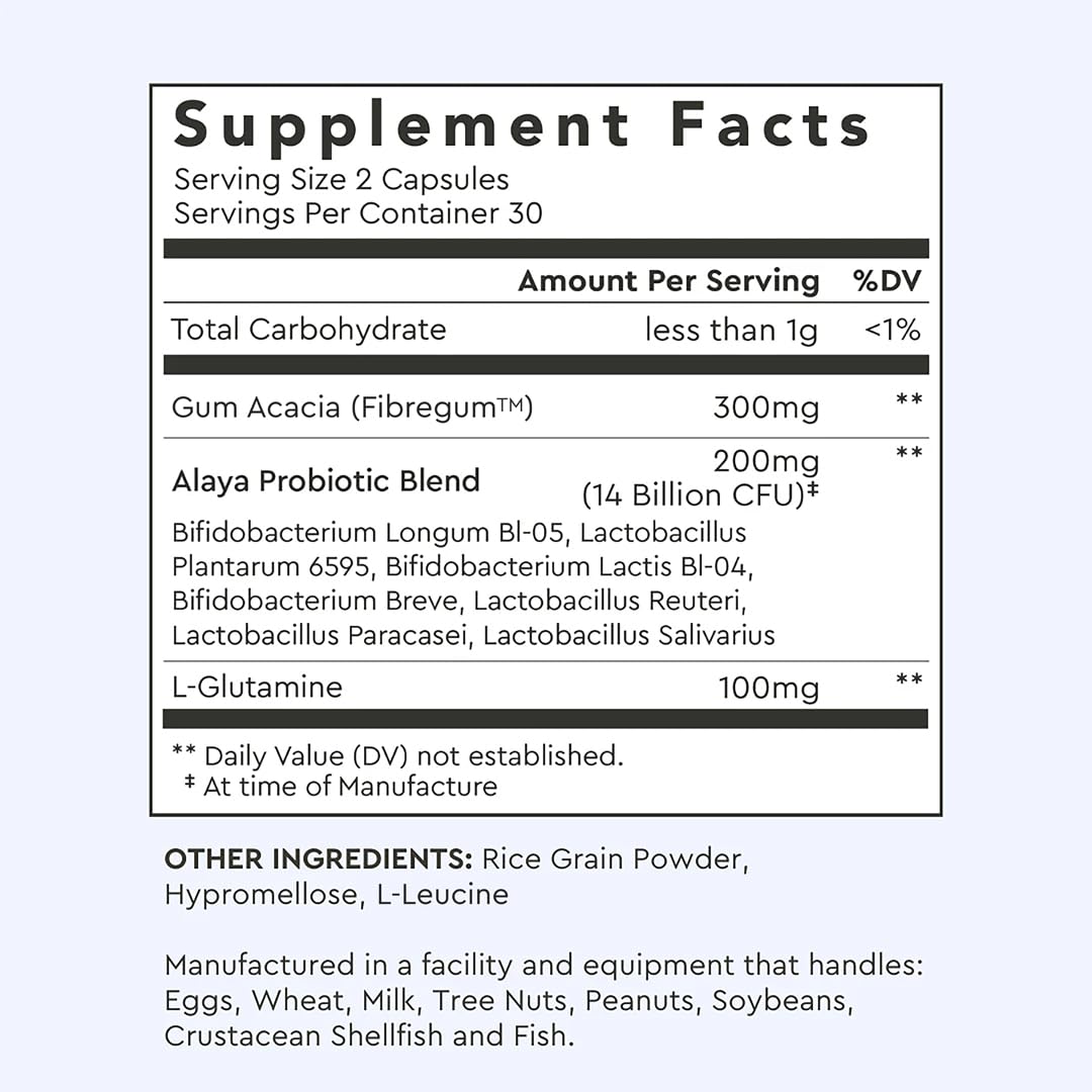 Alaya Naturals Advanced Synbiotic - Probiotic + Prebiotic - 14 Billion CFU Delayed Release Probiotic Supplement with Prebiotics from Sunfiber®, and L-glutamine for Gut Lining Integrity - 60 Capsules - FENGGESTORE20