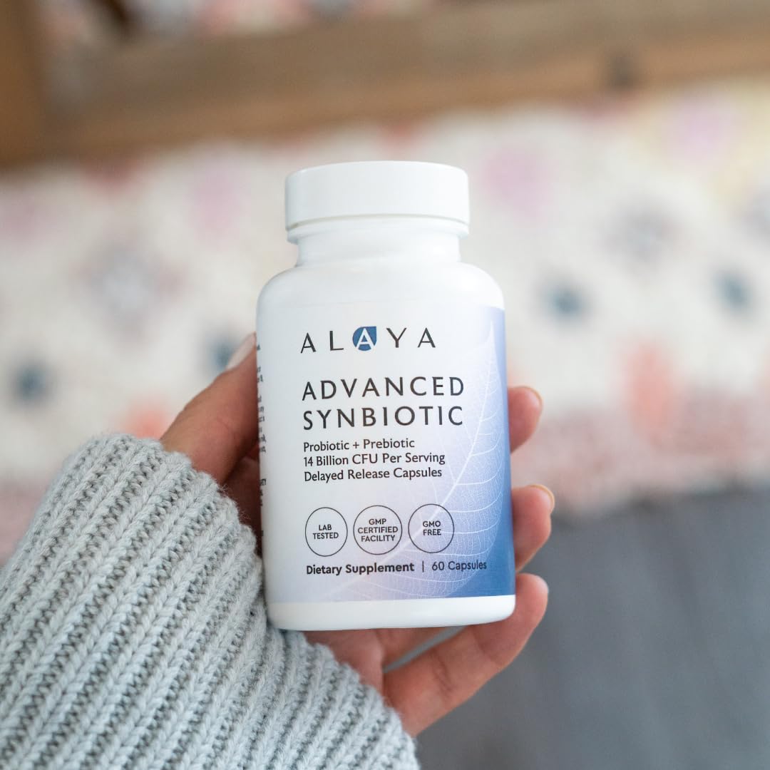 Alaya Naturals Advanced Synbiotic - Probiotic + Prebiotic - 14 Billion CFU Delayed Release Probiotic Supplement with Prebiotics from Sunfiber®, and L-glutamine for Gut Lining Integrity - 60 Capsules - FENGGESTORE20