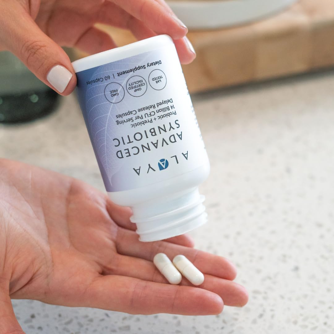 Alaya Naturals Advanced Synbiotic - Probiotic + Prebiotic - 14 Billion CFU Delayed Release Probiotic Supplement with Prebiotics from Sunfiber®, and L-glutamine for Gut Lining Integrity - 60 Capsules - FENGGESTORE20