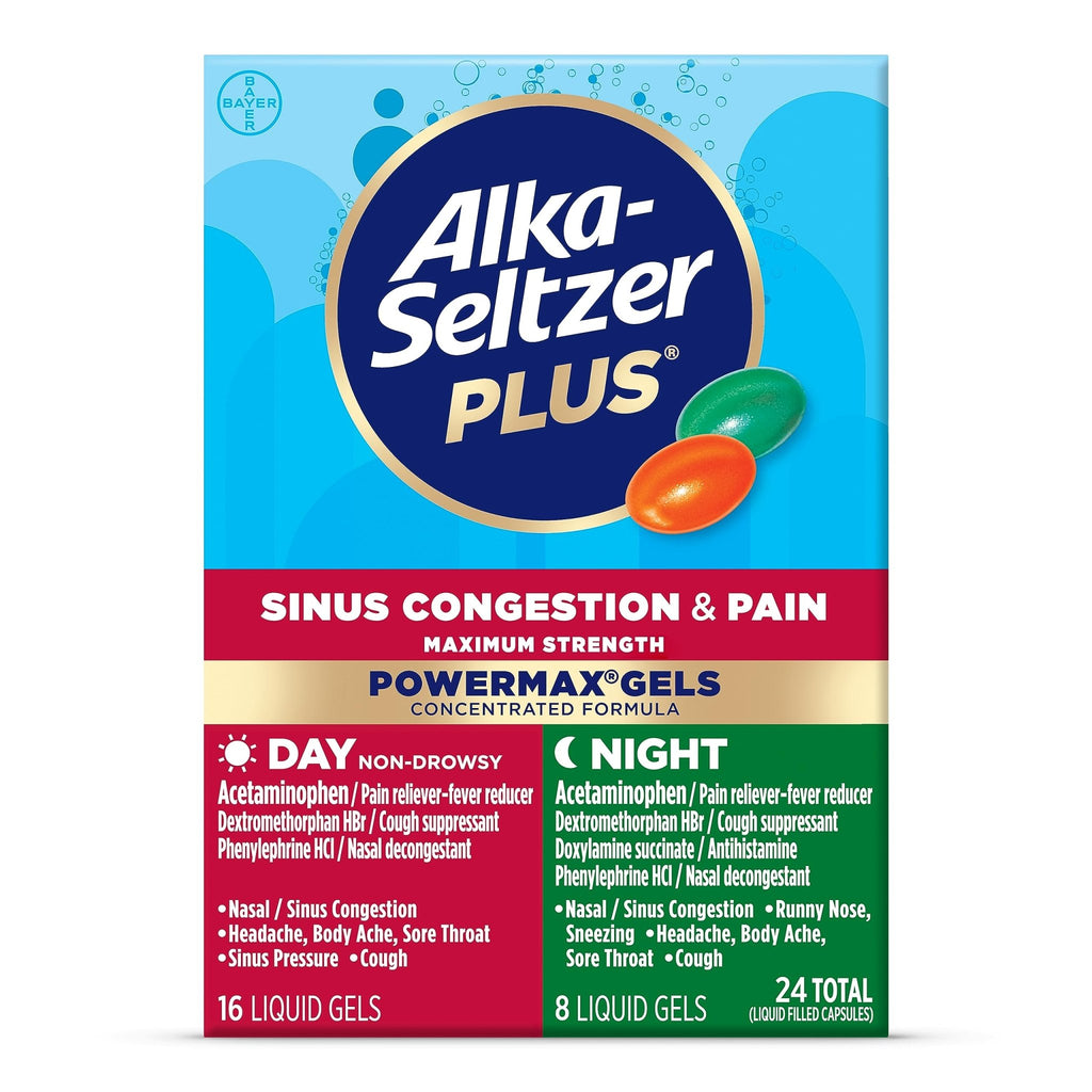 Alka-Seltzer Plus Maximum Strength PowerMax Sinus Congestion & Pain Medicine, Day + Night Liquid Gels - Powerful Relief for Cold and Flu, + Sinus Congestion for Adults and Children 12+ Years, 24 Count - FENGGESTORE20