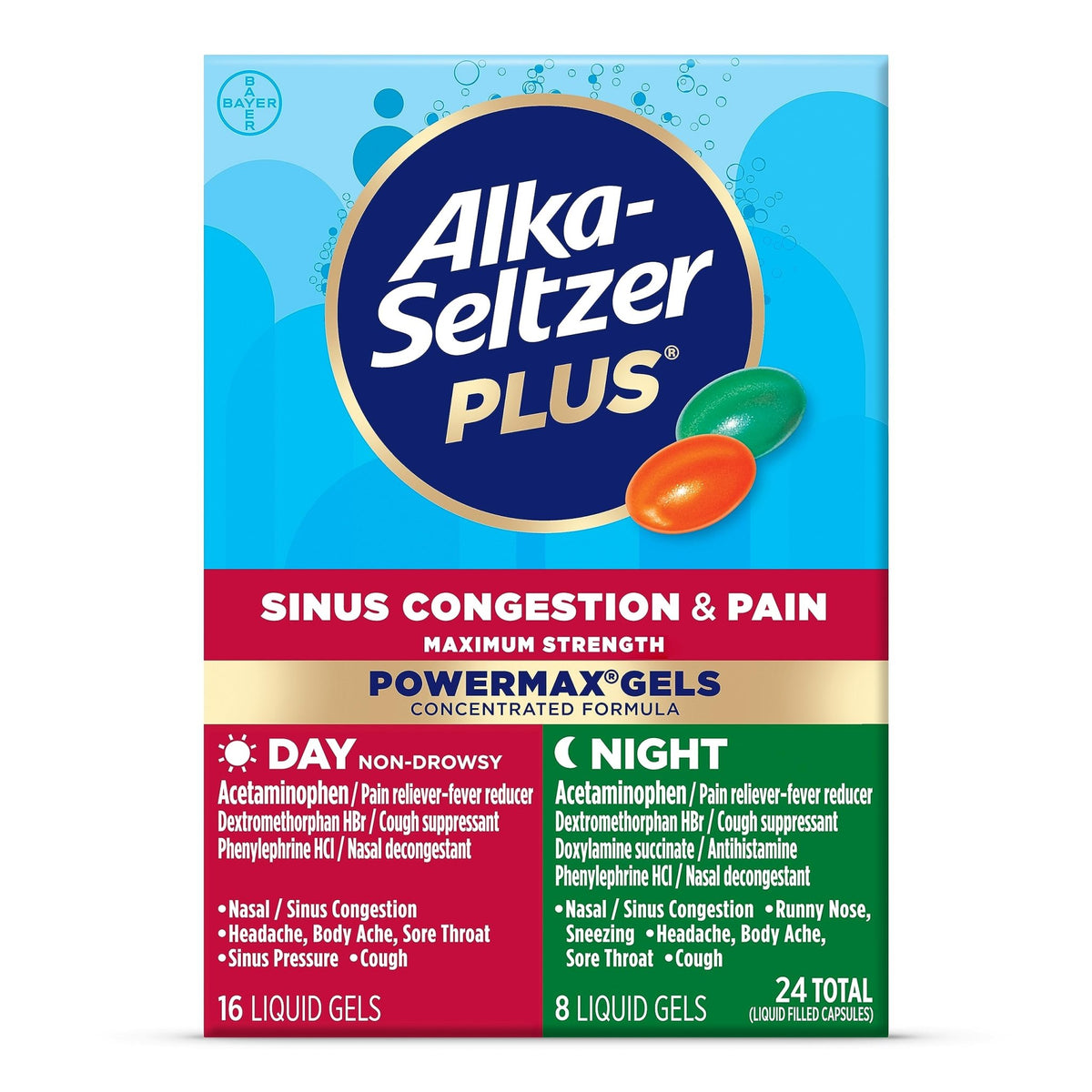 Alka-Seltzer Plus Maximum Strength PowerMax Sinus Congestion & Pain Medicine, Day + Night Liquid Gels - Powerful Relief for Cold and Flu, + Sinus Congestion for Adults and Children 12+ Years, 24 Count - FENGGESTORE20