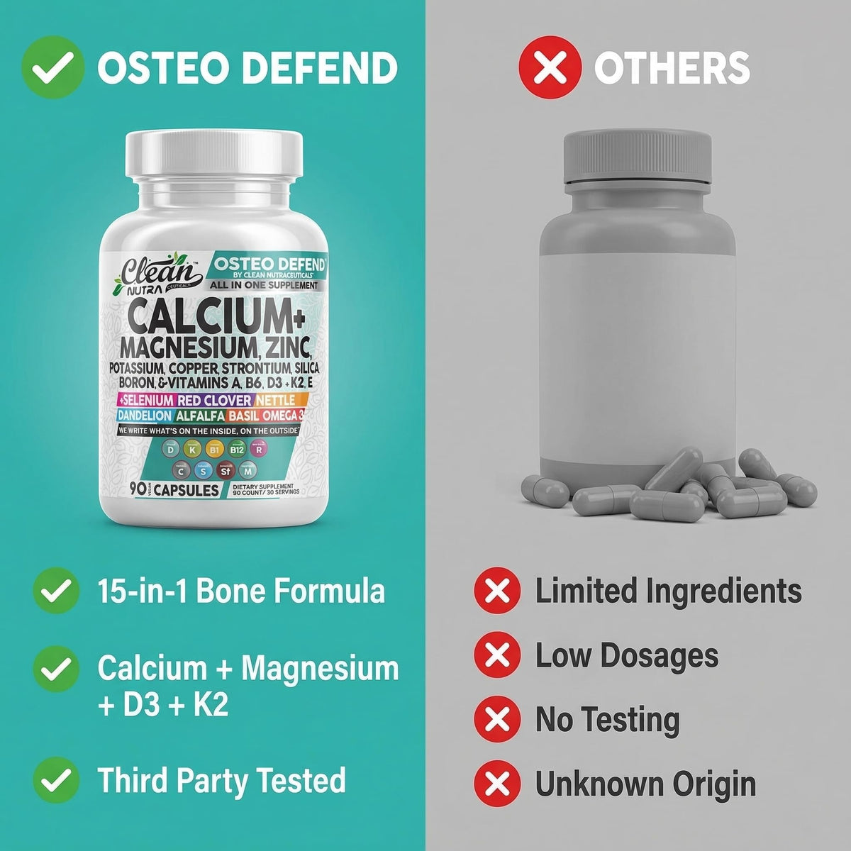 Allin1 Calcium Magnesium Zinc Supplement with Potassium, Copper, Strontium, Silica, Vitamin D3 K2, Boron, Vitamin B1 B12 Red Clover Herb Alfalfa Basil Pills for Men - FENGGESTORE20