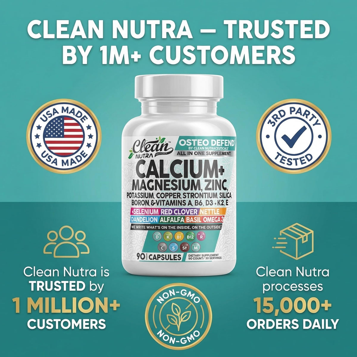 Allin1 Calcium Magnesium Zinc Supplement with Potassium, Copper, Strontium, Silica, Vitamin D3 K2, Boron, Vitamin B1 B12 Red Clover Herb Alfalfa Basil Pills for Men - FENGGESTORE20
