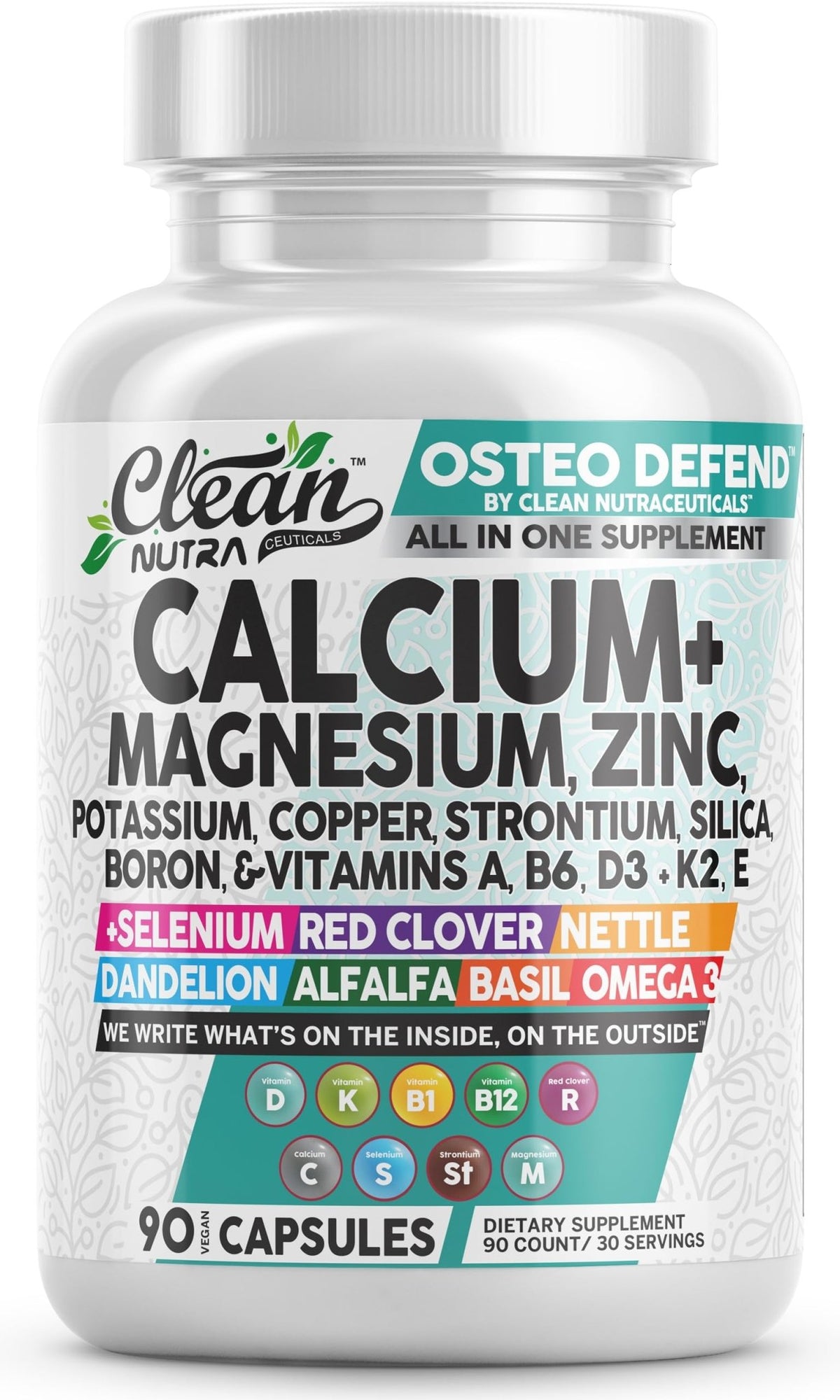 Allin1 Calcium Magnesium Zinc Supplement with Potassium, Copper, Strontium, Silica, Vitamin D3 K2, Boron, Vitamin B1 B12 Red Clover Herb Alfalfa Basil Pills for Men - FENGGESTORE20