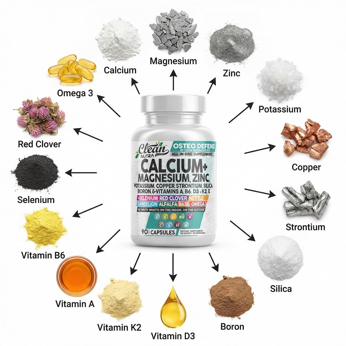 Allin1 Calcium Magnesium Zinc Supplement with Potassium, Copper, Strontium, Silica, Vitamin D3 K2, Boron, Vitamin B1 B12 Red Clover Herb Alfalfa Basil Pills for Men - FENGGESTORE20
