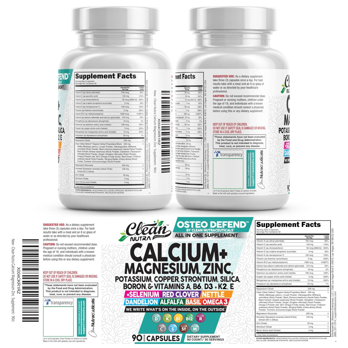 Allin1 Calcium Magnesium Zinc Supplement with Potassium, Copper, Strontium, Silica, Vitamin D3 K2, Boron, Vitamin B1 B12 Red Clover Herb Alfalfa Basil Pills for Men - FENGGESTORE20