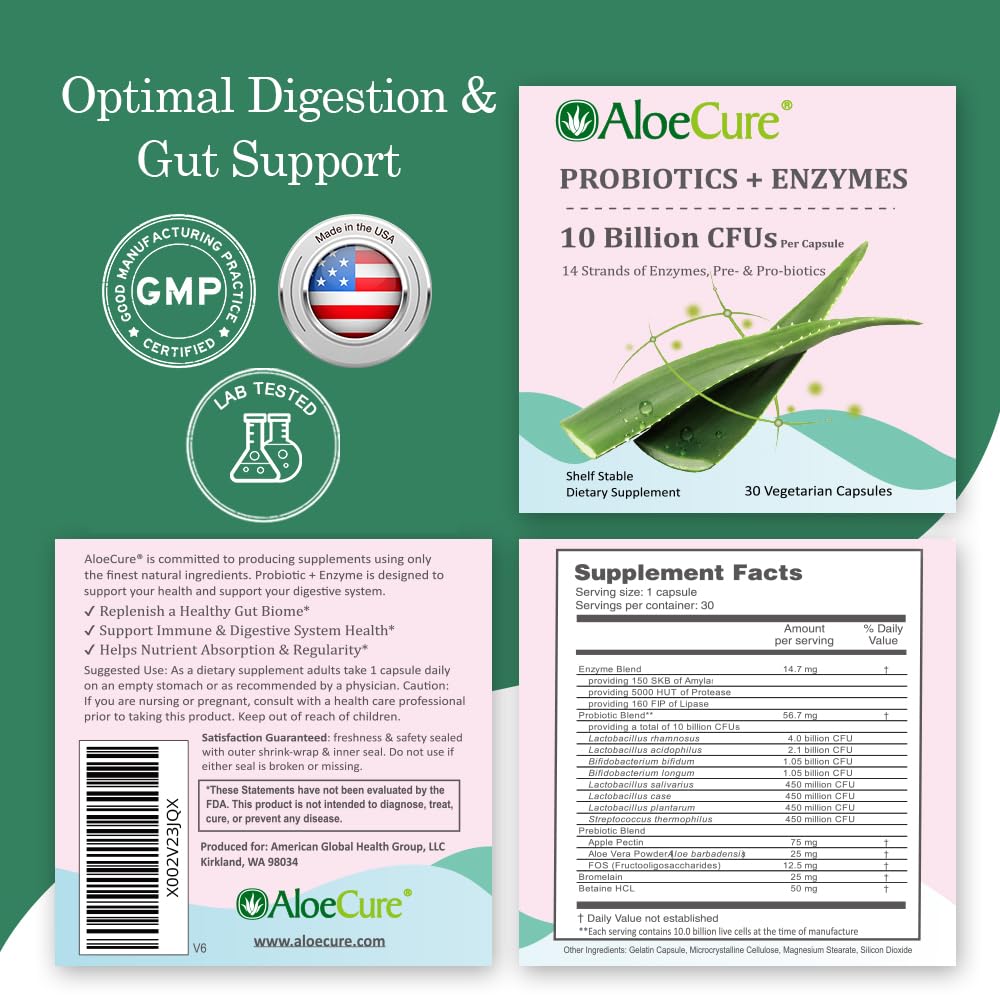 AloeCure Daily Probiotics 10 Billion CFU for Digestive Support 8 Strains, 6 Prebiotics & Enzymes - Digestive Supplement with Bromelain for Women & Men - FENGGESTORE20