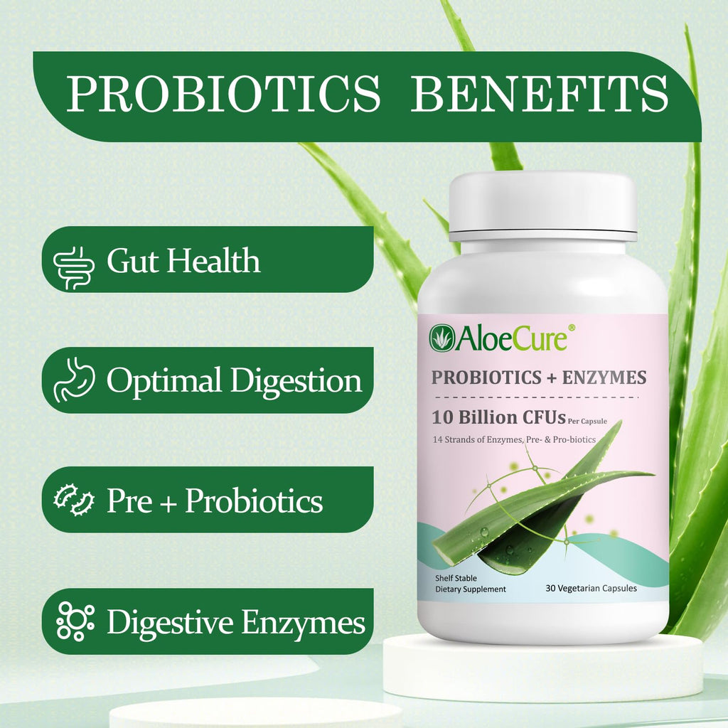 AloeCure Daily Probiotics 10 Billion CFU for Digestive Support 8 Strains, 6 Prebiotics & Enzymes - Digestive Supplement with Bromelain for Women & Men - FENGGESTORE20