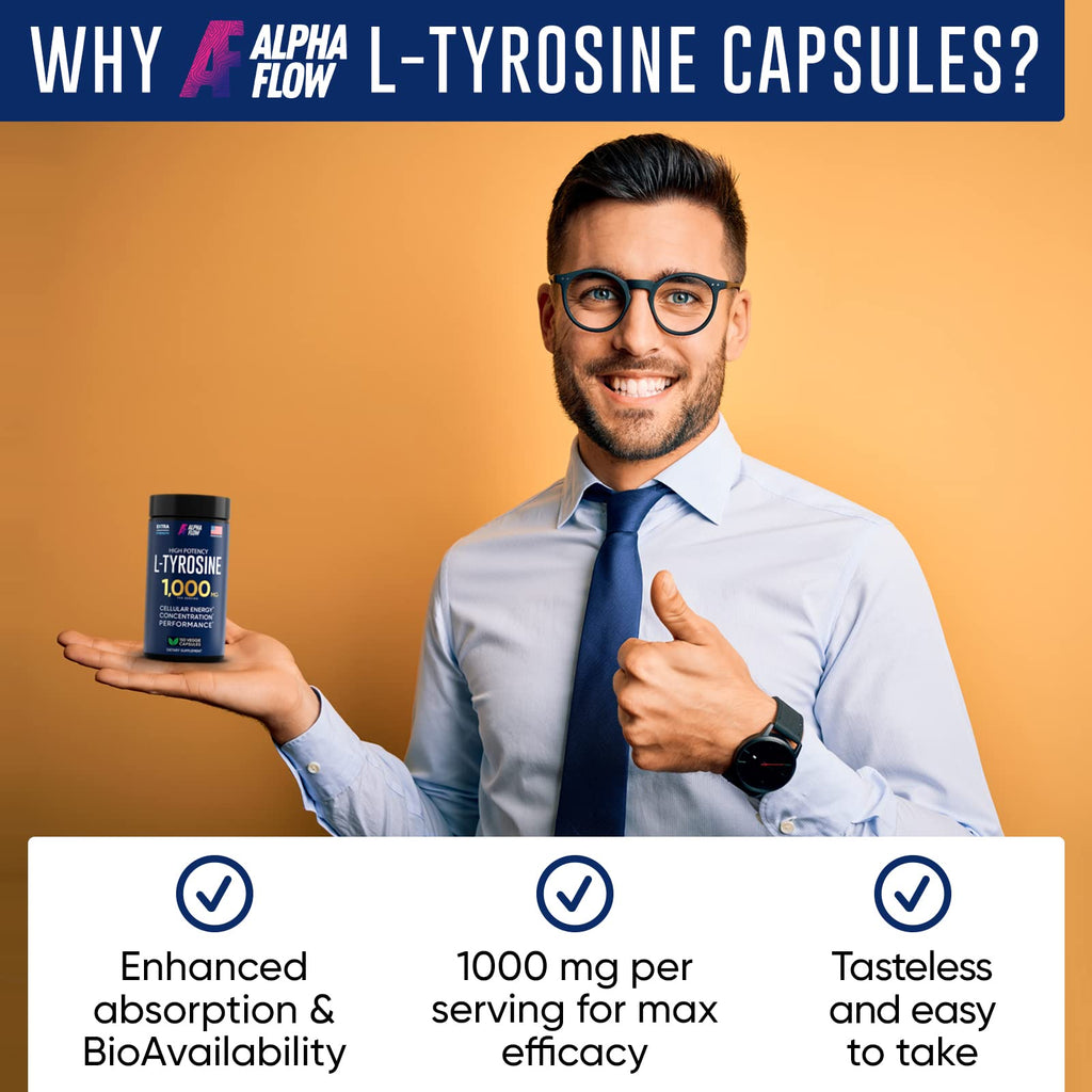 Alpha Flow L Tyrosine 1000MG Capsules - All-Natural L- Tyrosine Supplement for Focus & Energy Boost - Non-GMO & Gluten-Free - FENGGESTORE20