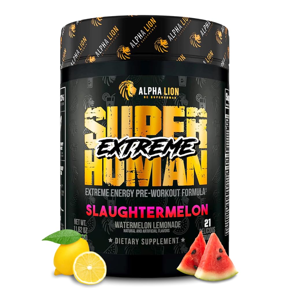 ALPHA LION Superhuman Extreme High Stim Pre Workout Powder, Beta Alanine, L-Taurine & 356mg Tri-Source Caffeine for Sustained Energy, Nitric Oxide & Citrulline for Pump (21 Servings, Slaughtermelon) - FENGGESTORE20