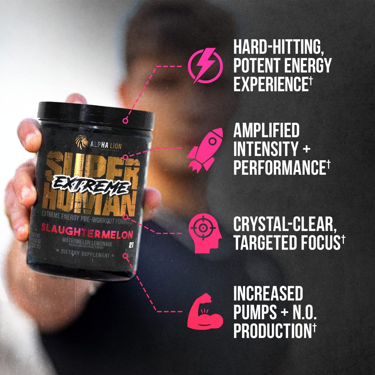 ALPHA LION Superhuman Extreme High Stim Pre Workout Powder, Beta Alanine, L-Taurine & 356mg Tri-Source Caffeine for Sustained Energy, Nitric Oxide & Citrulline for Pump (21 Servings, Slaughtermelon) - FENGGESTORE20