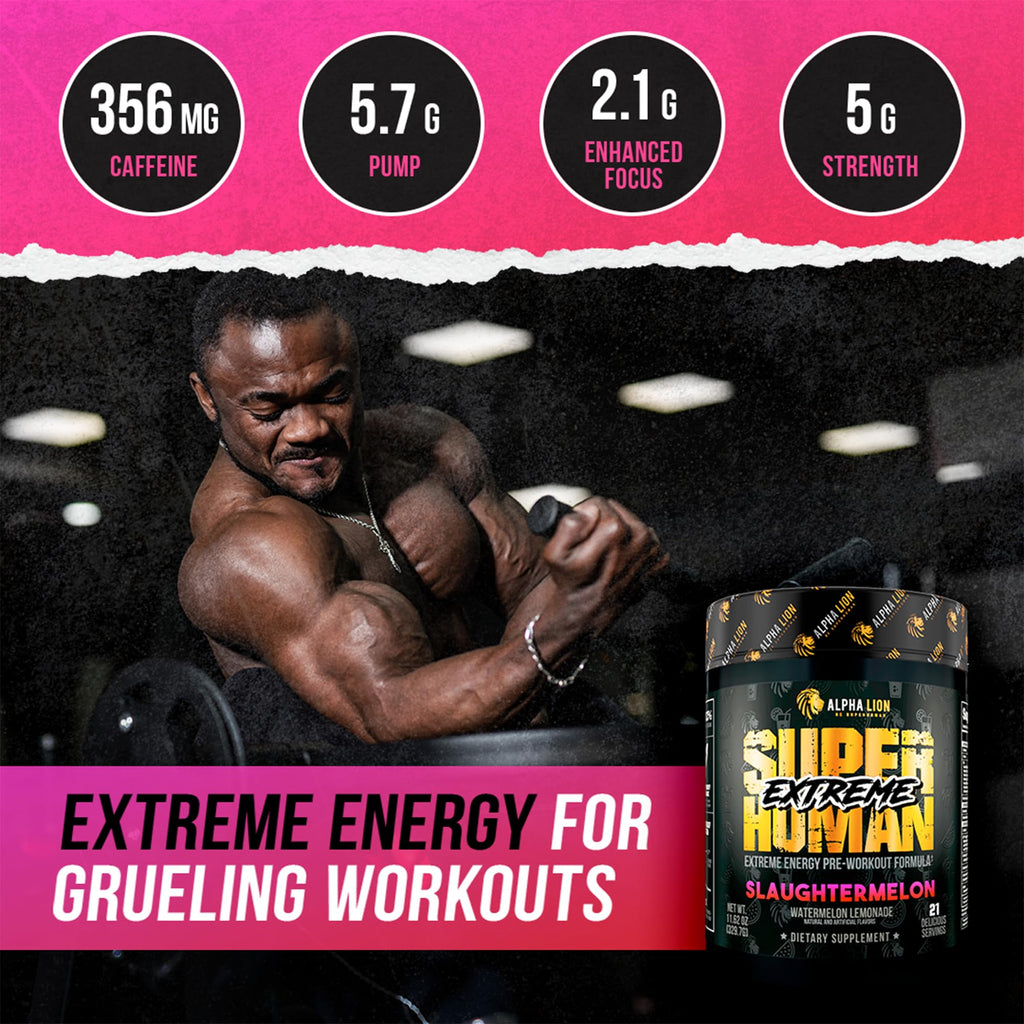 ALPHA LION Superhuman Extreme High Stim Pre Workout Powder, Beta Alanine, L-Taurine & 356mg Tri-Source Caffeine for Sustained Energy, Nitric Oxide & Citrulline for Pump (21 Servings, Slaughtermelon) - FENGGESTORE20