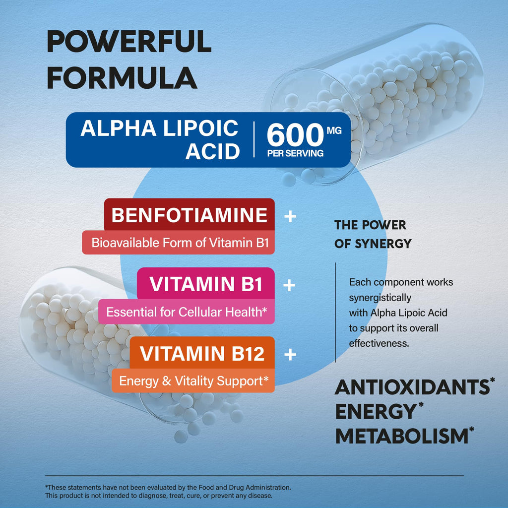 Alpha Lipoic Acid 600mg - ALA Supplement Antioxidant for Nerve, Energy & Metabolism Support - Extra Strength with Benfotiamine, B1 & B12 - Lab Tested, NON-GMO & Vegan - FENGGESTORE20