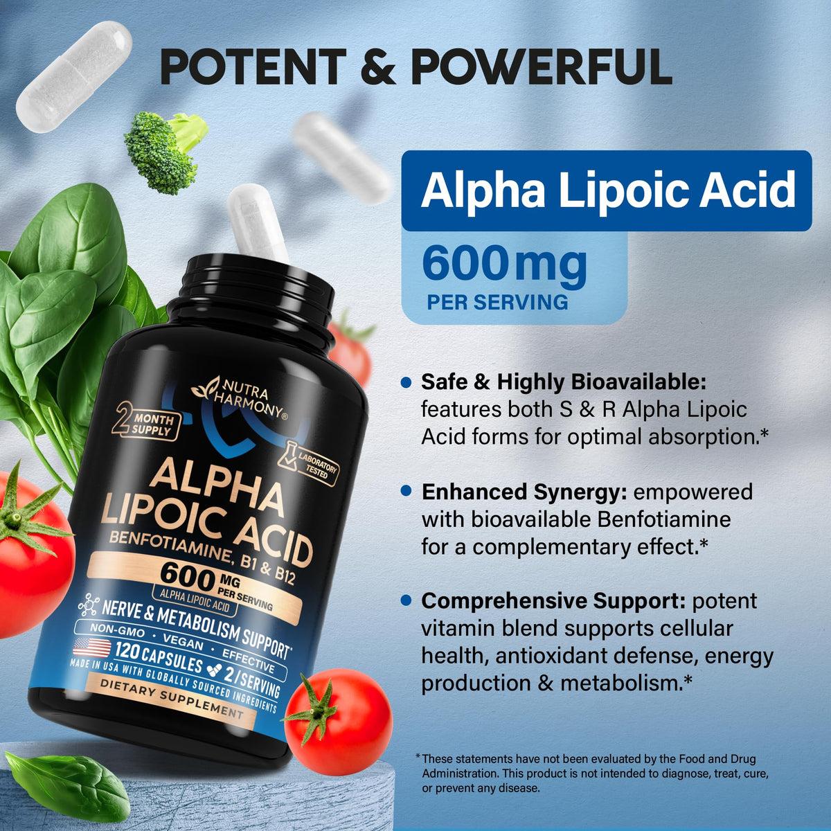 Alpha Lipoic Acid 600mg - ALA Supplement Antioxidant for Nerve, Energy & Metabolism Support - Extra Strength with Benfotiamine, B1 & B12 - Lab Tested, NON-GMO & Vegan - FENGGESTORE20