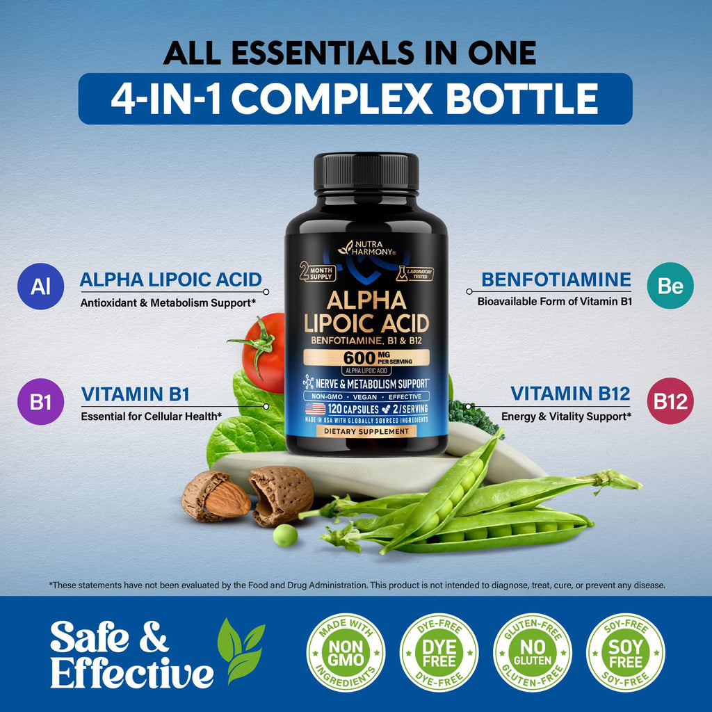 Alpha Lipoic Acid 600mg - ALA Supplement Antioxidant for Nerve, Energy & Metabolism Support - Extra Strength with Benfotiamine, B1 & B12 - Lab Tested, NON-GMO & Vegan - FENGGESTORE20