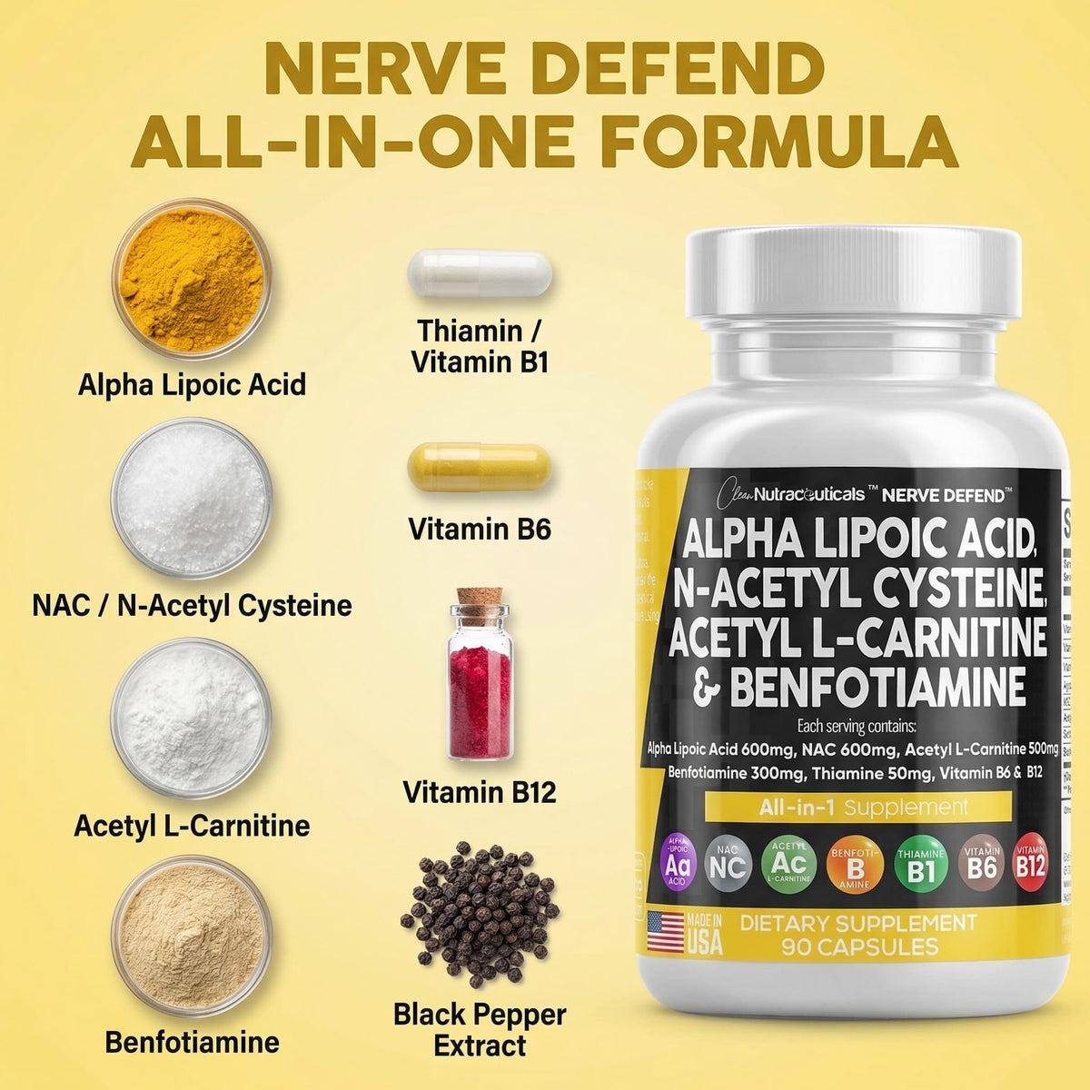 Alpha Lipoic Acid 600mg N-Acetyl Cysteine 600mg Acetyl L-Carnitine 500mg Benfotiamine 300mg - Nerve Support Supplement for Women and Men - FENGGESTORE20