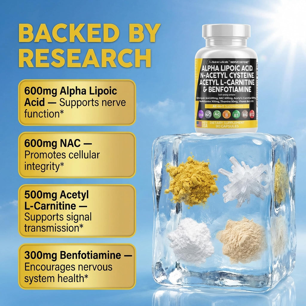 Alpha Lipoic Acid 600mg N-Acetyl Cysteine 600mg Acetyl L-Carnitine 500mg Benfotiamine 300mg - Nerve Support Supplement for Women and Men - FENGGESTORE20