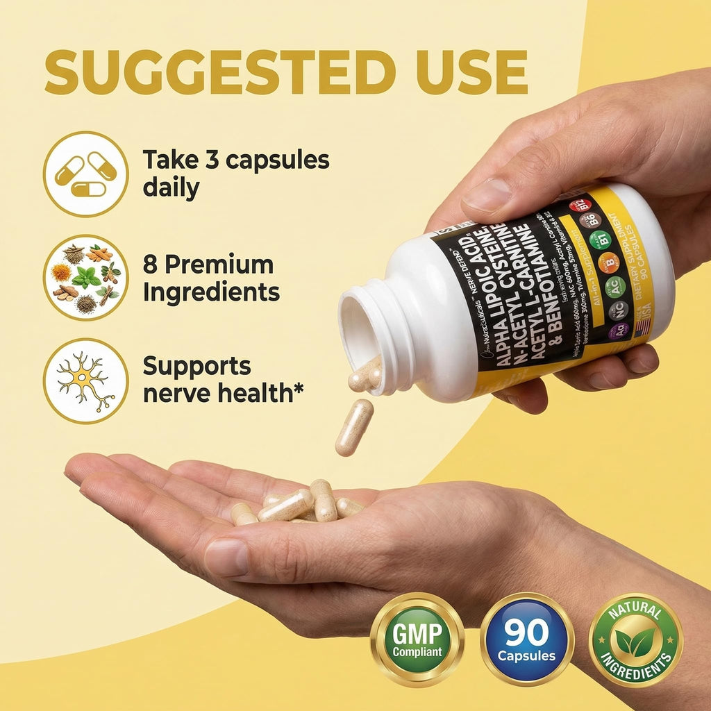Alpha Lipoic Acid 600mg N-Acetyl Cysteine 600mg Acetyl L-Carnitine 500mg Benfotiamine 300mg - Nerve Support Supplement for Women and Men - FENGGESTORE20