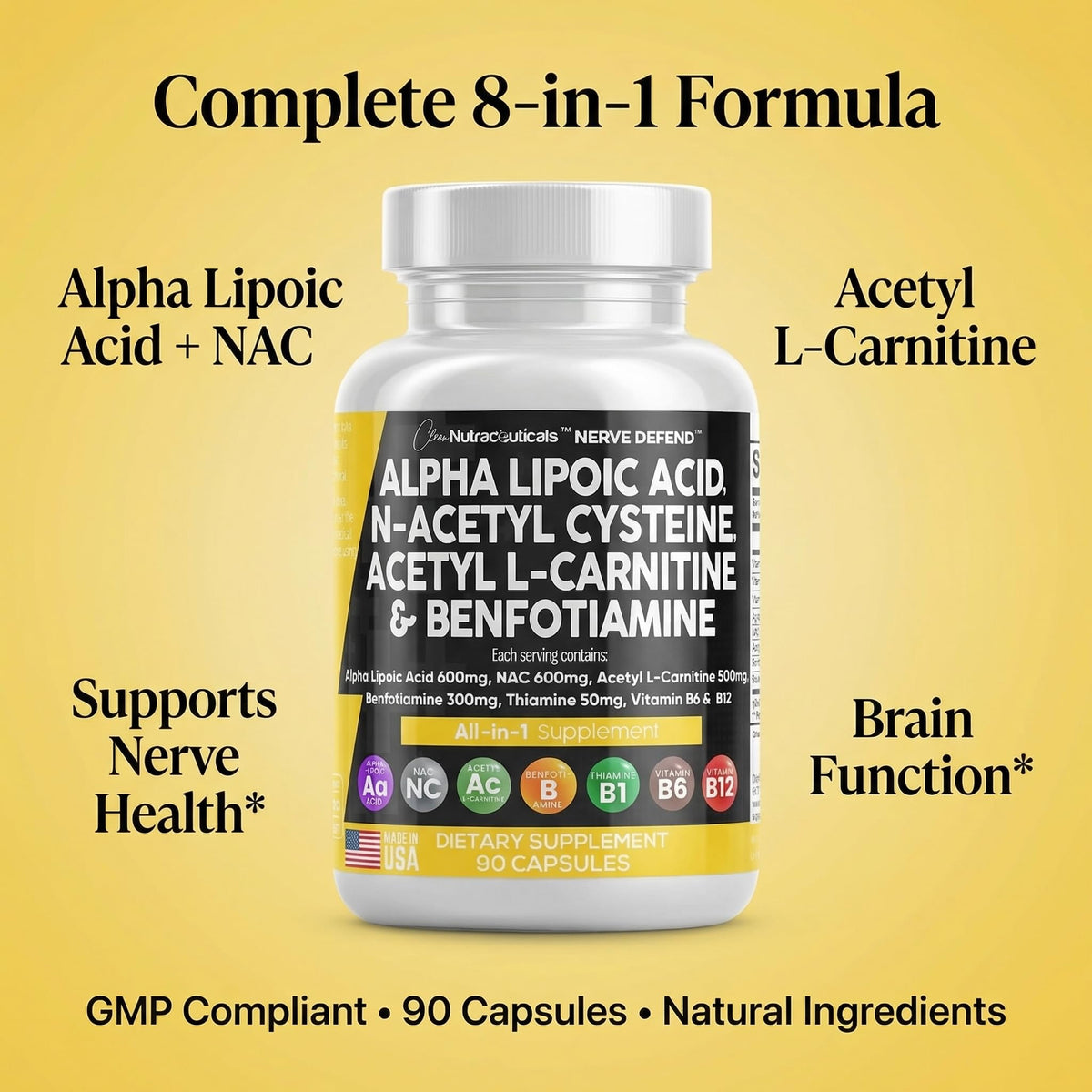 Alpha Lipoic Acid 600mg N-Acetyl Cysteine 600mg Acetyl L-Carnitine 500mg Benfotiamine 300mg - Nerve Support Supplement for Women and Men - FENGGESTORE20