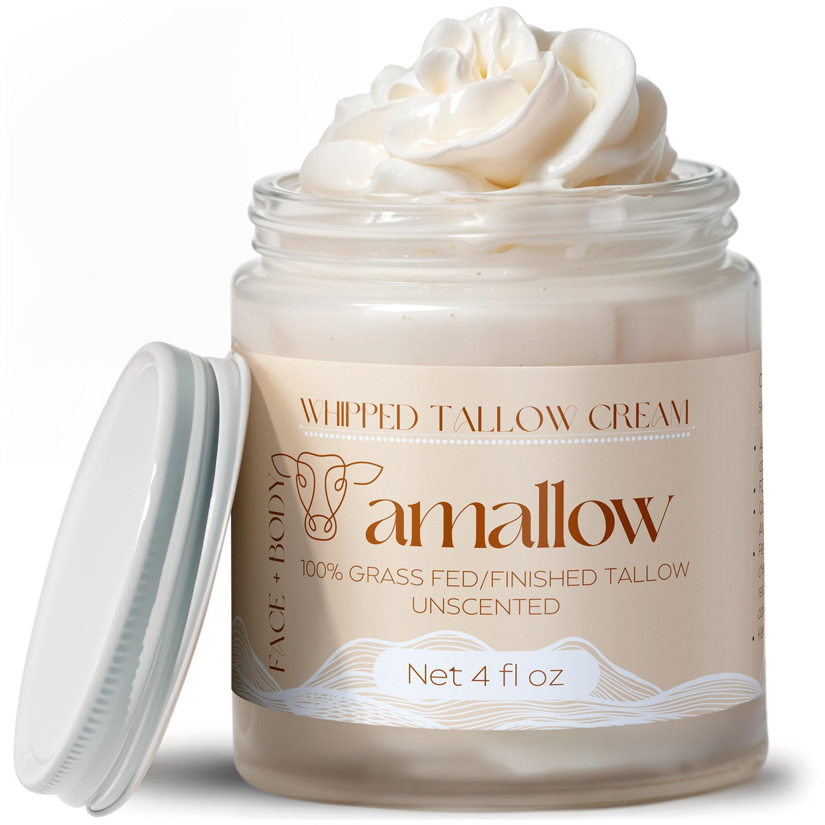 Amallow 100% Grass Fed Beef Tallow for Skin Care - Face + Body - Whipped Moisturizer for Sensitive Skin - Natural Lotion, 4 FL. oz. (Unscented) - FENGGESTORE20