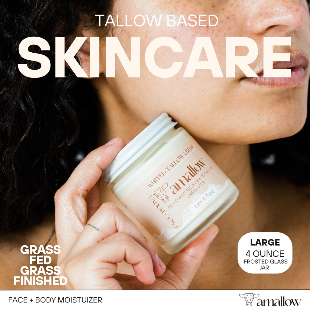 Amallow 100% Grass Fed Beef Tallow for Skin Care - Face + Body - Whipped Moisturizer for Sensitive Skin - Natural Lotion, 4 FL. oz. (Unscented) - FENGGESTORE20