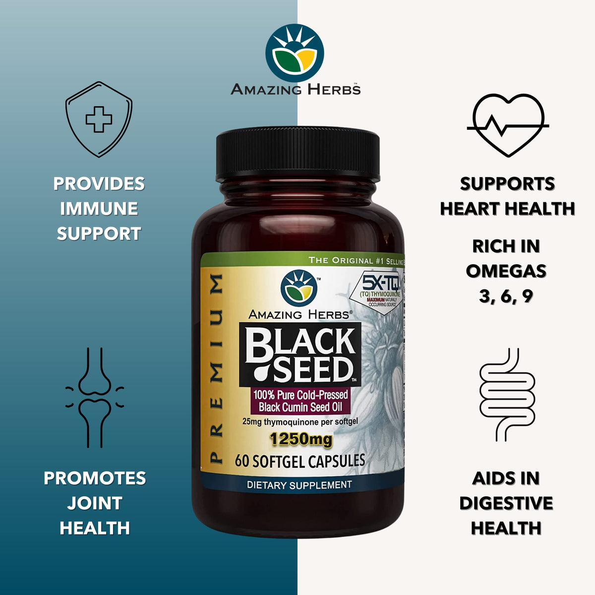 Amazing Herbs Premium Capsules - High Potency, Cold Pressed Nigella Sativa Aids in Digestive Health - FENGGESTORE20