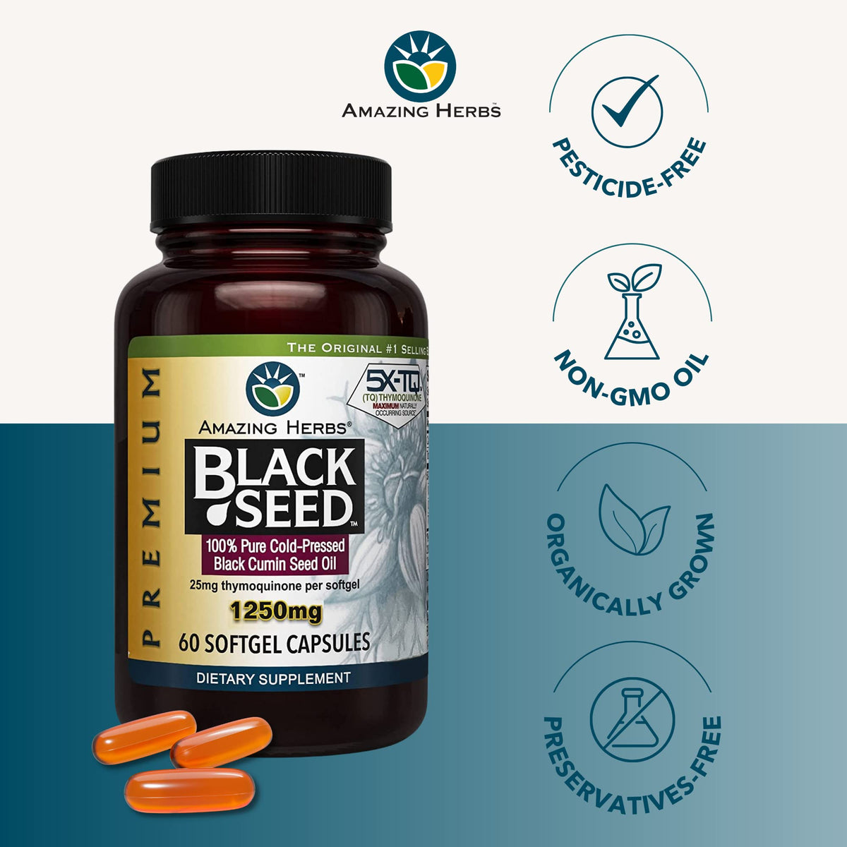 Amazing Herbs Premium Capsules - High Potency, Cold Pressed Nigella Sativa Aids in Digestive Health - FENGGESTORE20
