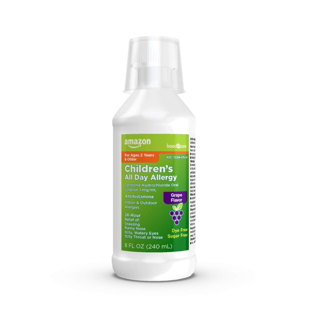 Amazon Basic Care 24 Hour Allergy Relief for Children, Cetirizine Hydrochloride Oral Solution 1 mg/mL, Grape Flavor, Dye Free, 8 fl oz (Pack of 1) - FENGGESTORE20