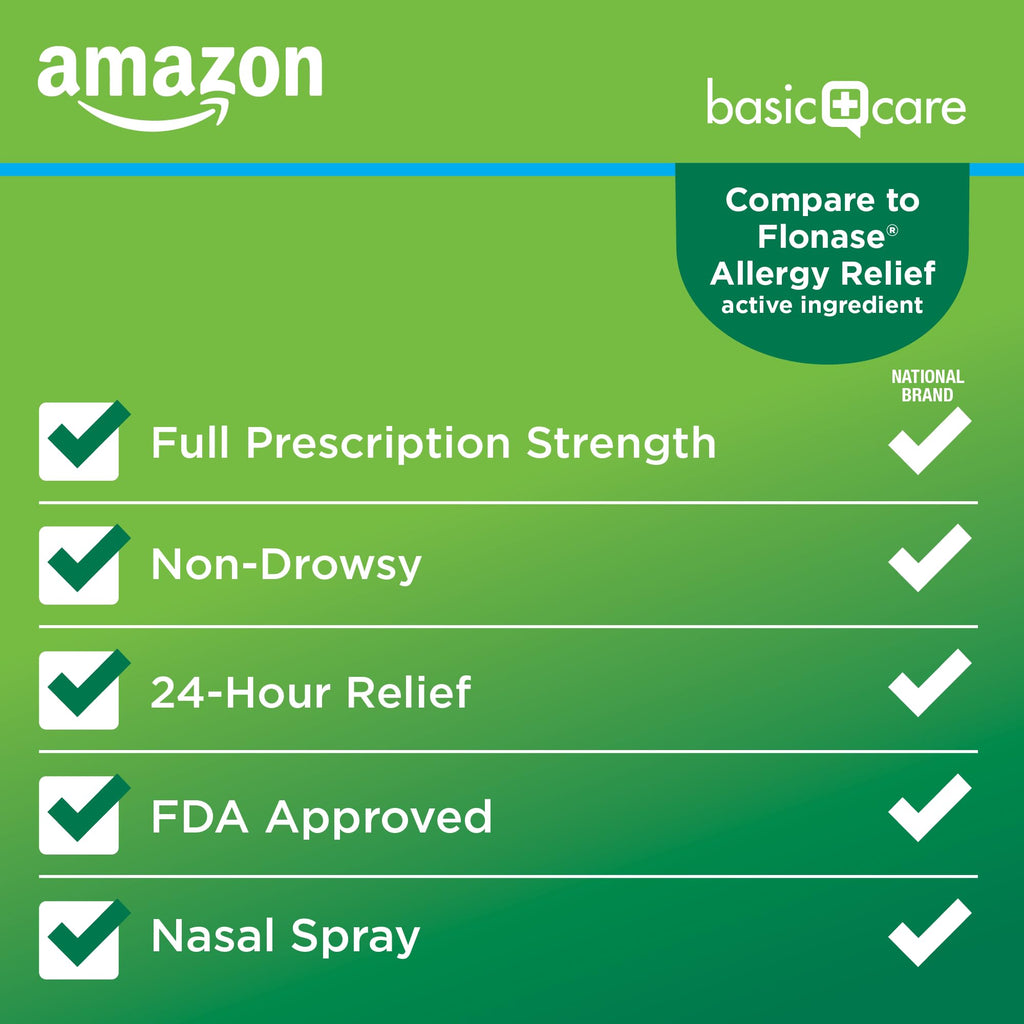 Amazon Basic Care 24-Hour Allergy Relief Nasal Spray, Fluticasone Propionate (Glucocorticoid), 50 mcg, Full Prescription Strength, Non-Drowsy, 0.62 Fl Oz - FENGGESTORE20