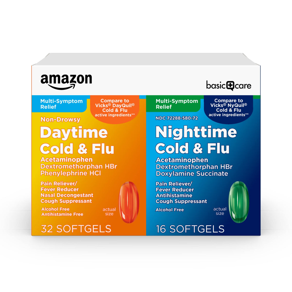 Amazon Basic Care Cold and Flu Relief, Daytime and Nighttime Combo Pack Softgels for Multi-Symptom Relief, Sore Throat, Cough, Nasal Congestion, Headache, 48 Count (Pack of 1) - FENGGESTORE20