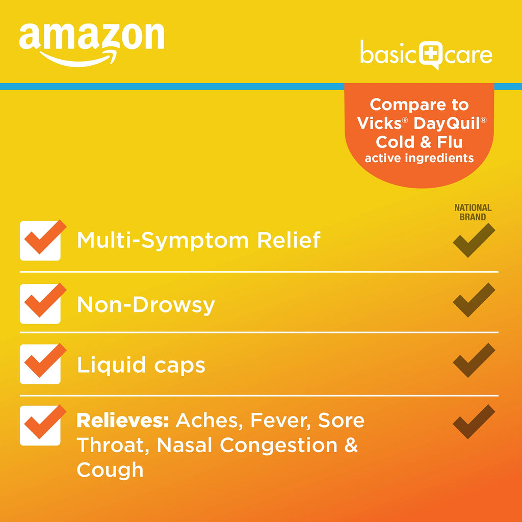 Amazon Basic Care Daytime Cold & Flu Liquid Caps; Cold Care for Daytime Cold and Flu, Orange, 48 Count (Pack of 1) - FENGGESTORE20