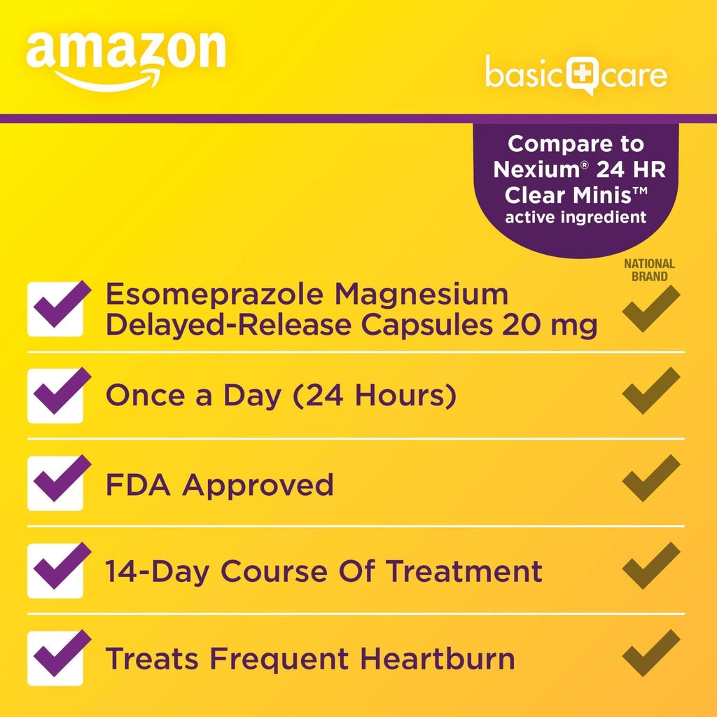 Amazon Basic Care Esomeprazole Magnesium Delayed-Release Mini Capsules, 20 mg, Acid Reducer, 24 Hour Heartburn Medicine, 42 Count - FENGGESTORE20