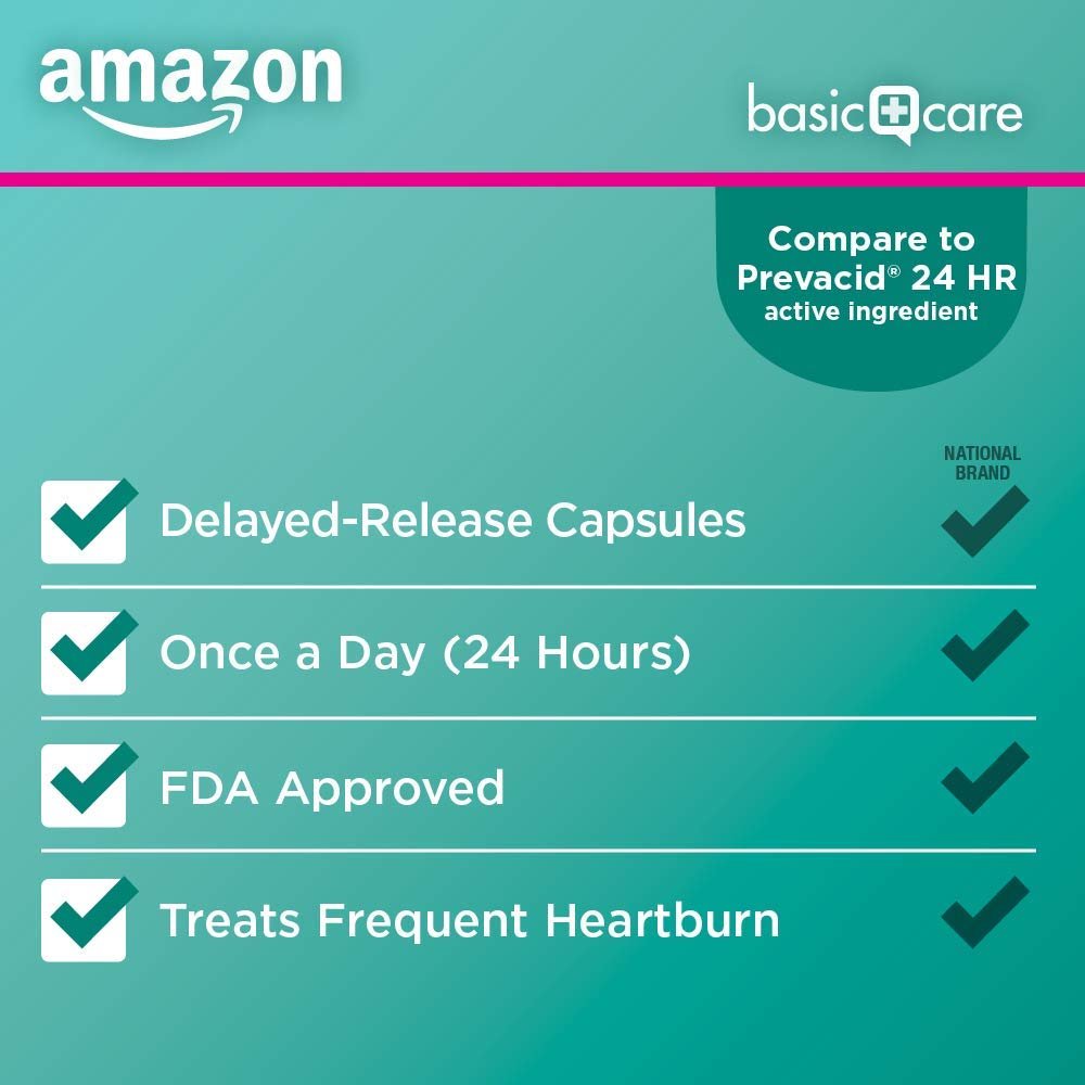 Amazon Basic Care Lansoprazole Delayed Release Capsules, 15 mg, Proton Pump Inhibitor, Acid Reducer, 24 Hour Heartburn Medicine, 42 Count Pack - FENGGESTORE20