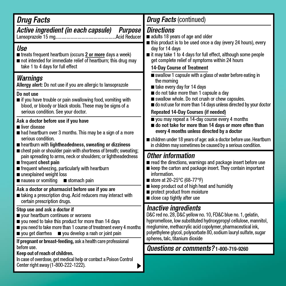 Amazon Basic Care Lansoprazole Delayed Release Capsules, 15 mg, Proton Pump Inhibitor, Acid Reducer, 24 Hour Heartburn Medicine, 42 Count Pack - FENGGESTORE20