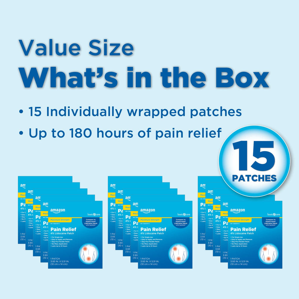 Amazon Basic Care Maximum Strength OTC Pain Relief , 4% Lidocaine Patch, 3.9” x 5.5”, 15-Count Box (Previously HealthWise) - FENGGESTORE20