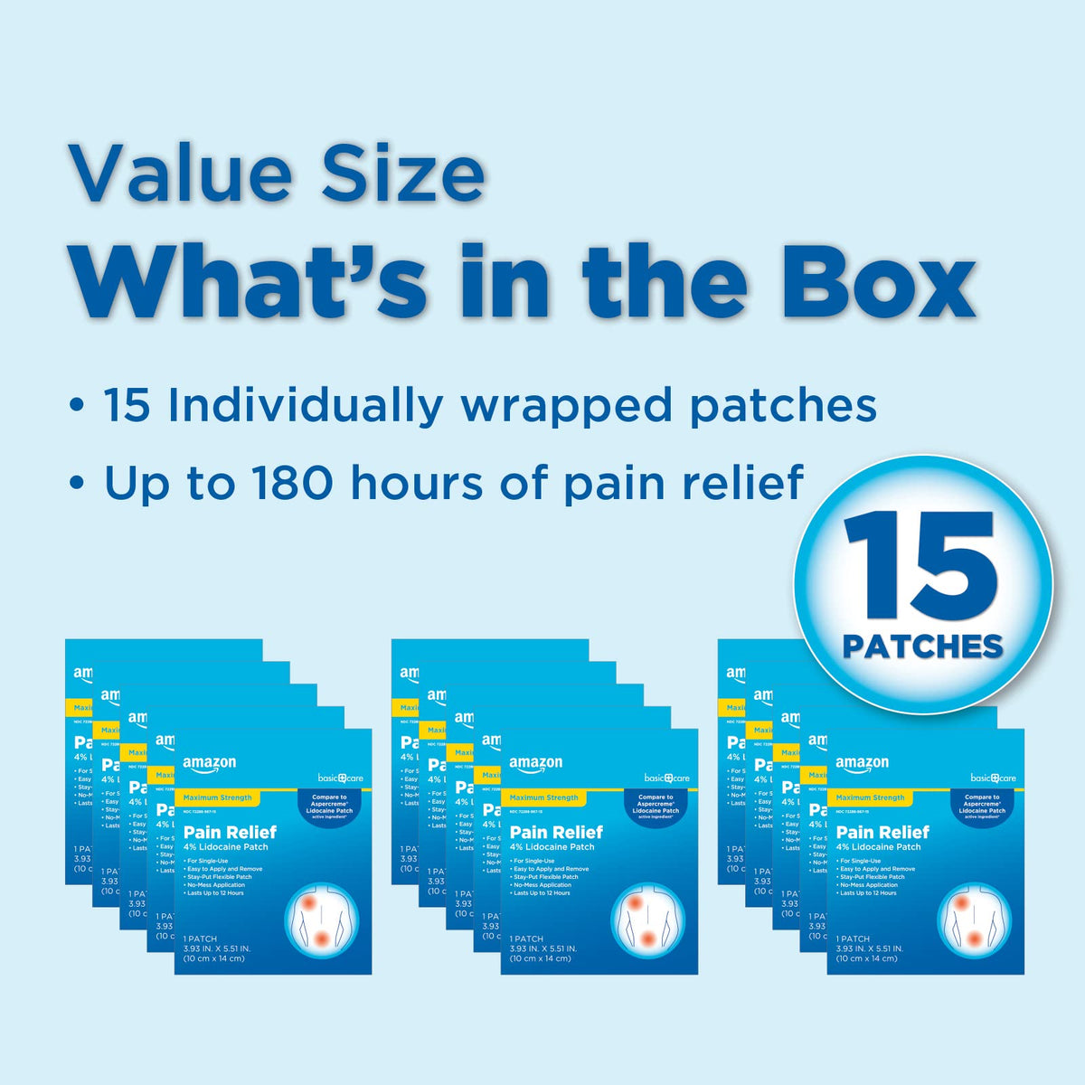 Amazon Basic Care Maximum Strength OTC Pain Relief , 4% Lidocaine Patch, 3.9” x 5.5”, 15-Count Box (Previously HealthWise) - FENGGESTORE20