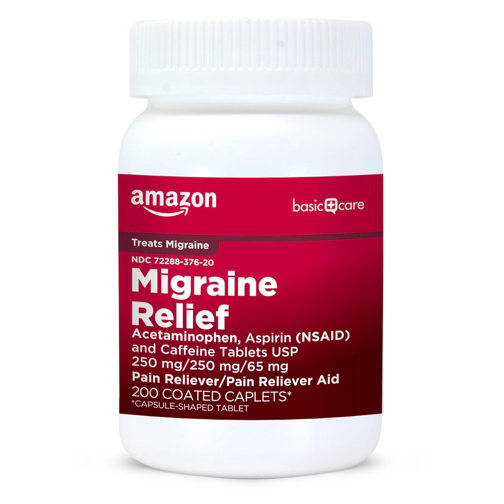 Amazon Basic Care Migraine Relief Acetaminophen, Aspirin (NSAID) and Caffeine Tablets, Pain Reliever/Pain Reliever Aid, 200 Count - FENGGESTORE20