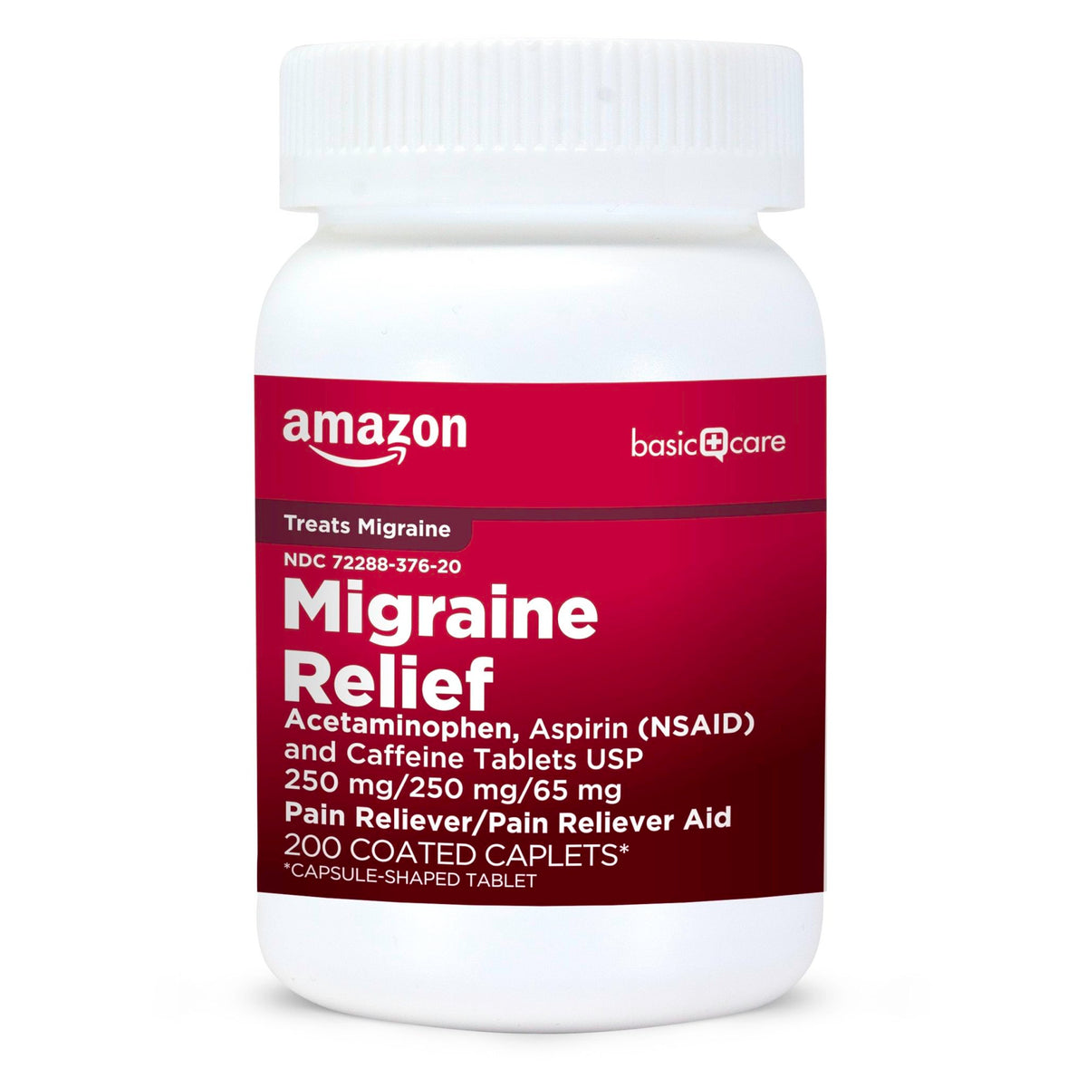 Amazon Basic Care Migraine Relief Acetaminophen, Aspirin (NSAID) and Caffeine Tablets, Pain Reliever/Pain Reliever Aid, 200 Count - FENGGESTORE20