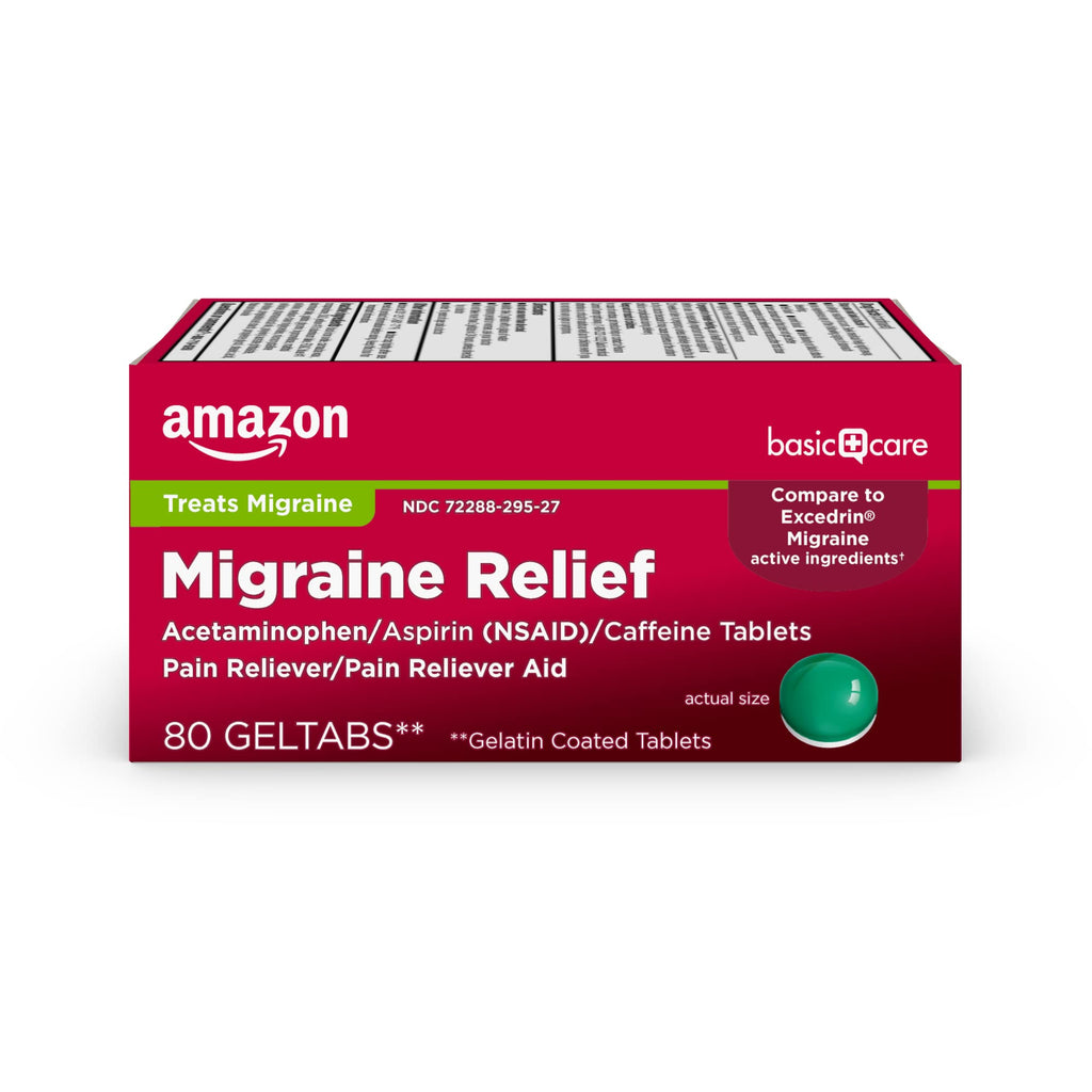 Amazon Basic Care Migraine Relief Geltabs, Pain Reliever, Acetaminophen 250 mg, Aspirin 250 mg (NSAID) and Caffeine 65 mg, Headache Relief, 80 Count - FENGGESTORE20