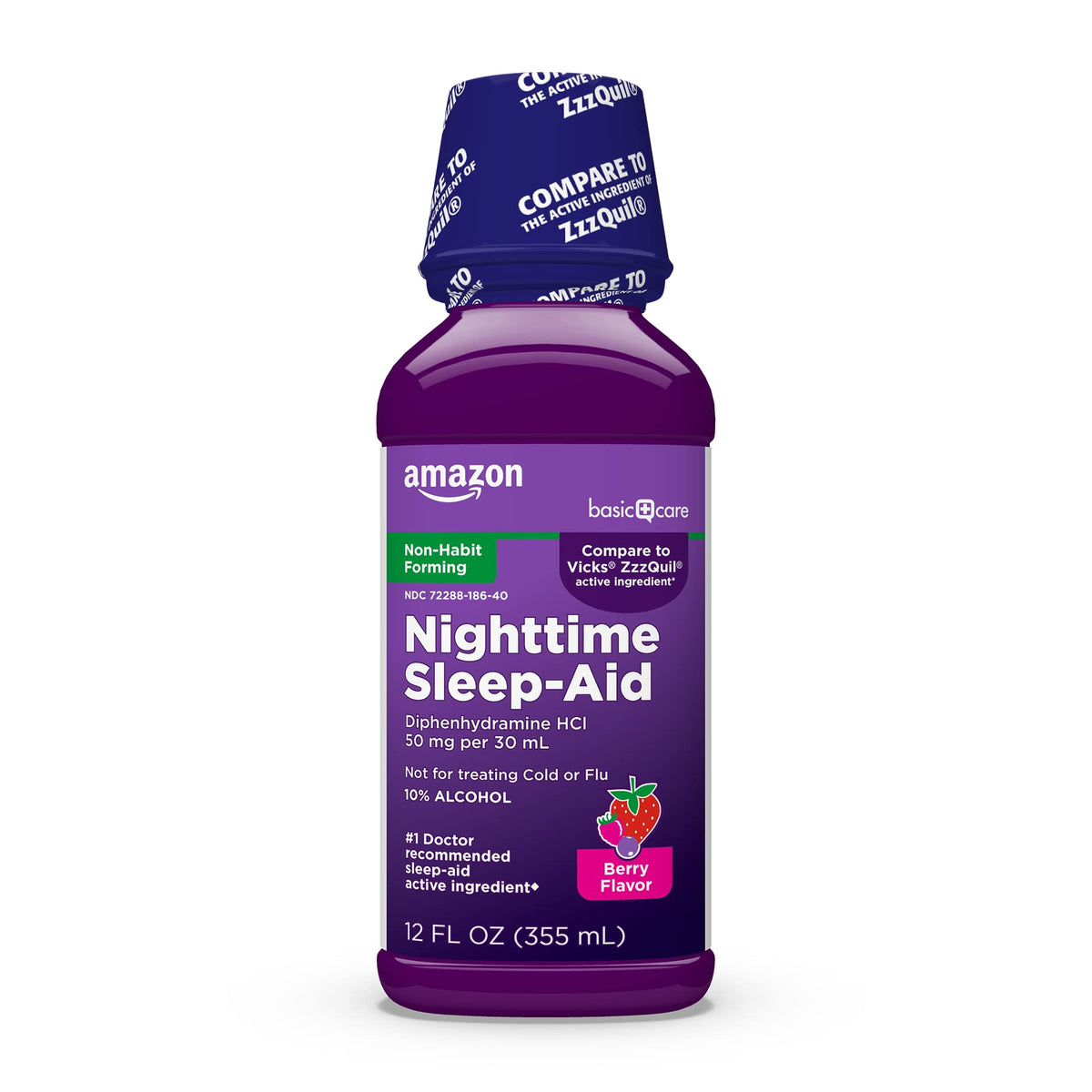 Amazon Basic Care Nighttime Sleep-Aid Liquid for Adults, Helps Fall Asleep Fast, Diphenhydramine HCl 50 mg, Mixed Berry Flavor, 12 fl oz (Pack of 1) - FENGGESTORE20