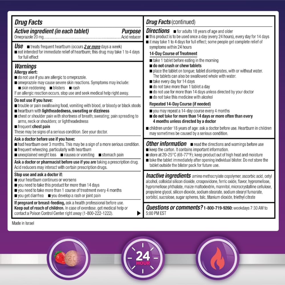 Amazon Basic Care Omeprazole Delayed Release Orally Disintegrating Tablets, 20 mg, Acid Reducer, Strawberry Flavor, 24 Hour Heartburn Medicine, 42 Count - FENGGESTORE20