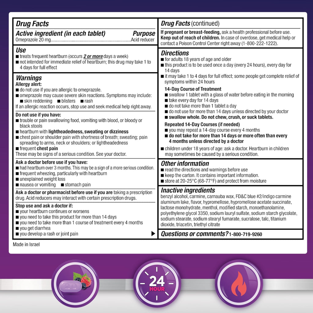 Amazon Basic Care Omeprazole Delayed Release Tablets 20 mg, Acid Reducer, Wildberry Mint Coated Tablet, Heartburn Medicine, 42 Count - FENGGESTORE20