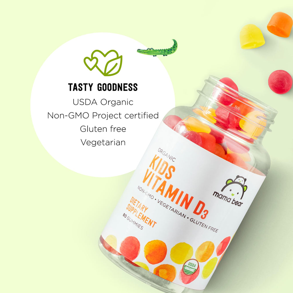Amazon Brand - Mama Bear Organic Kids Vitamin D3 25 mcg (1000 IU) Gummies per serving, Bone and Immune Health, Strawberry, 80 Count - FENGGESTORE20